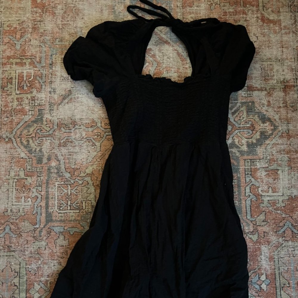 ASOS Black Smocked Bodice Puff Sleeve Tie Back Mini Dress